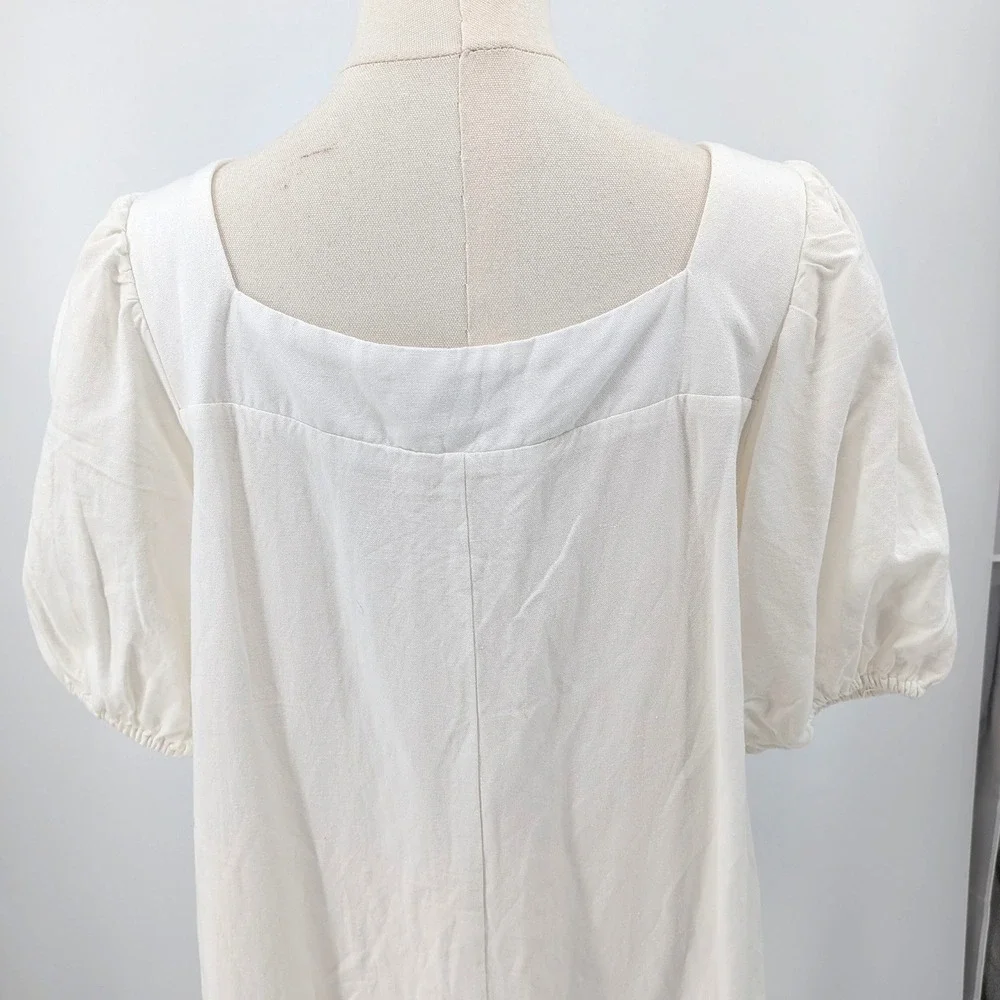 Crescent Linen Blend Dress Puff Sleeve Square Neck Cream Mini‎ L Summer Chic